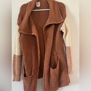 Billabong Vintage Woven Two- Toned Rust Brown & Cream Asymmetrical Knit Sweater